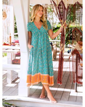 Avery Midi Dress - Turquoise Floral Border