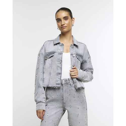 Grey embellished crop denim jacket